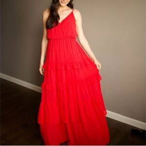 Rose Red Tiered Chiffon Maxi Dress | Spaghetti Strap Wedding Guest Gown